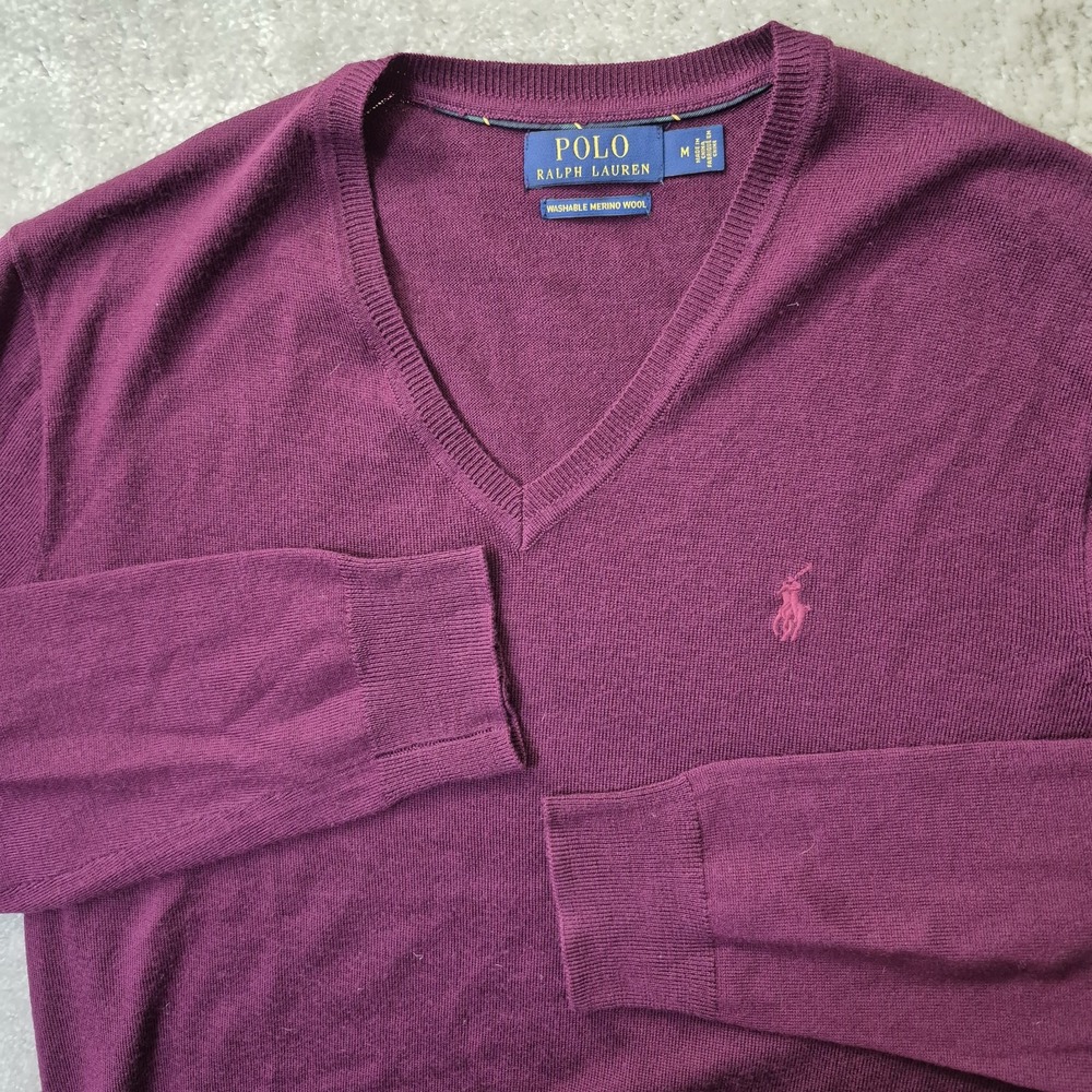 Polo Ralph Lauren Merino Wool Sweater Men Medium Red V Neck Preppy Academia Logo